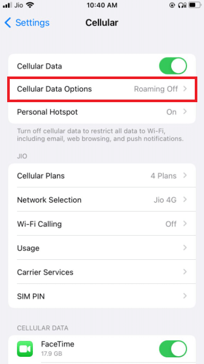 [セルラーデータオプション]に移動します。 iPhoneとAndroidでWhatsAppビデオ通話が機能しない問題を修正