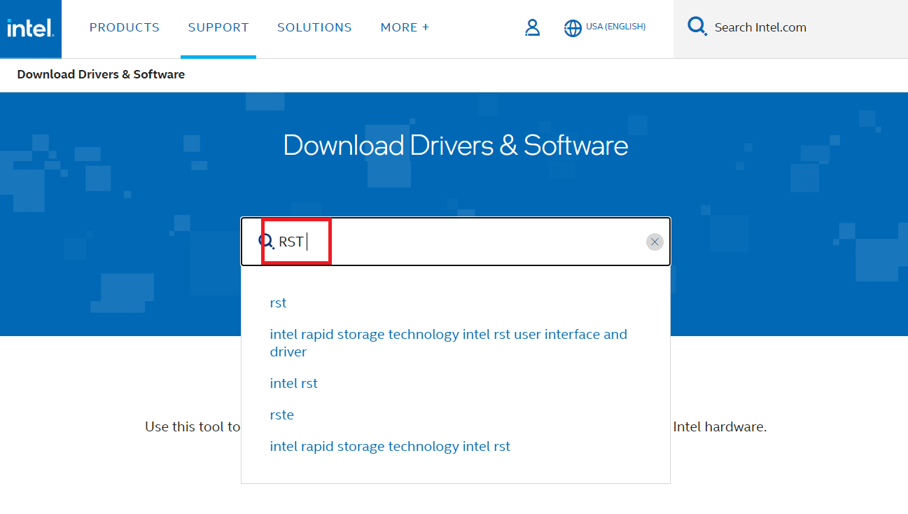 Accesați centrul de descărcare a software-ului Intel și introduceți RST în caseta de căutare