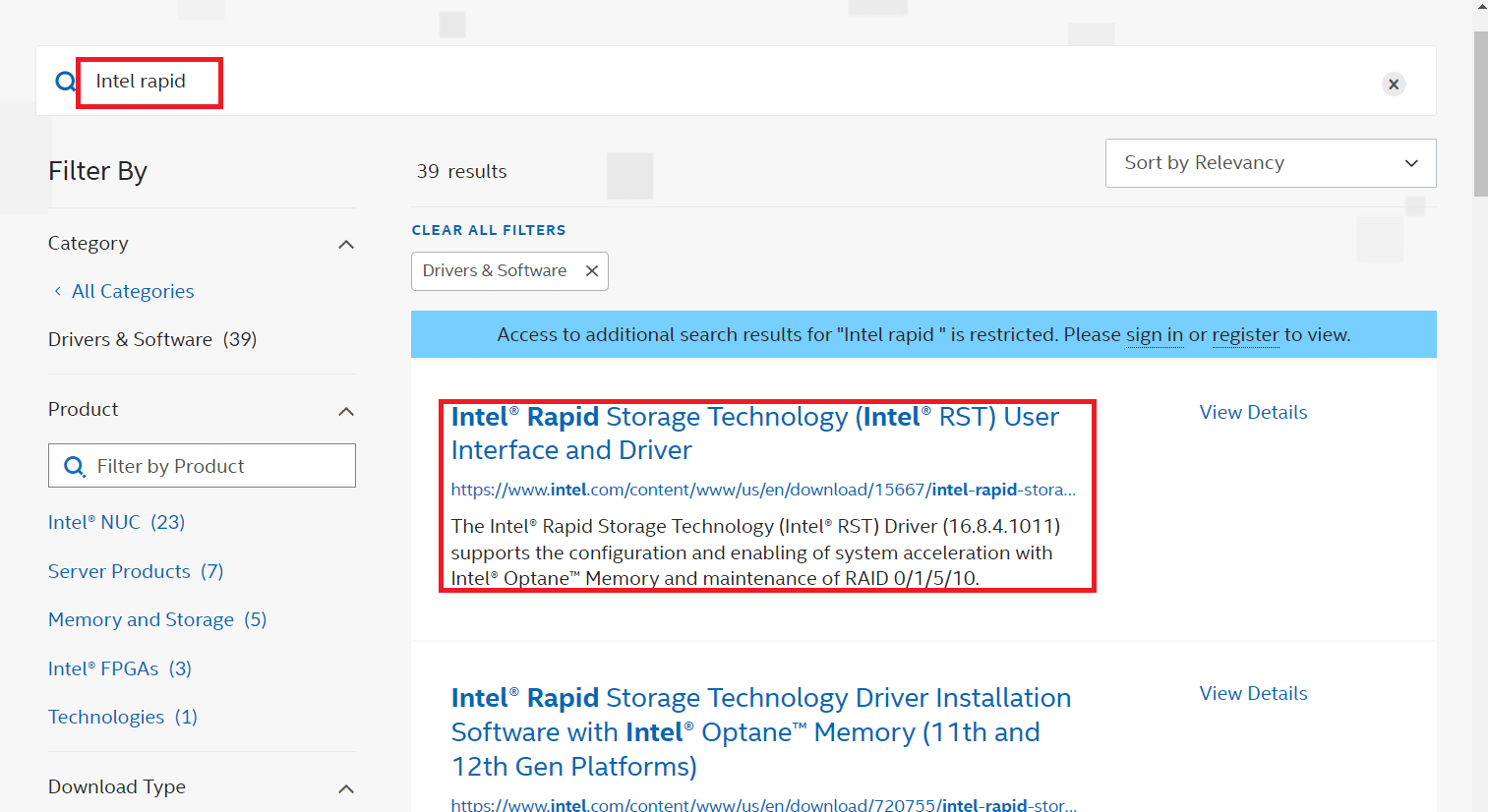 accédez à la page des téléchargements officiels d'Intel. Comment réparer le service Intel RST ne fonctionne pas dans Windows 10