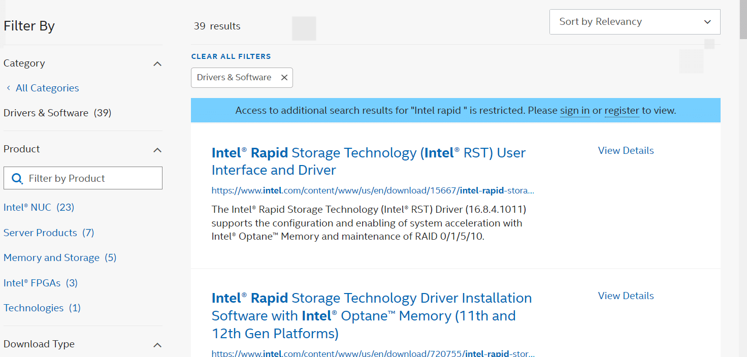 Acesse o site de download do driver RST e baixe os drivers corretos e os mais recentes. Como corrigir o serviço Intel RST não está sendo executado no Windows 10