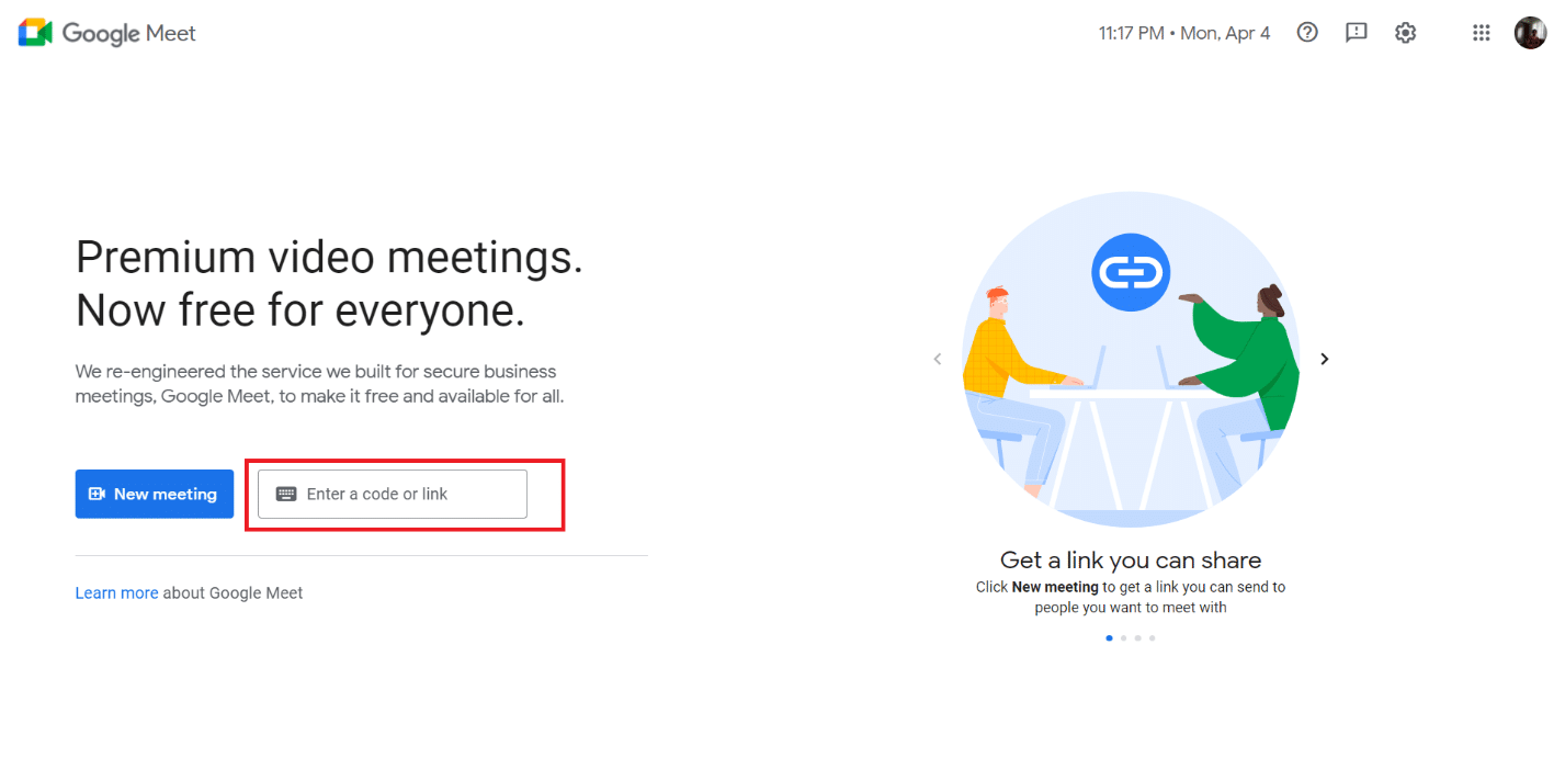 Google Meetページに移動し、会議コードを入力して会議に再度参加します。 GoogleMeetグリッドビュー拡張機能を修正する方法