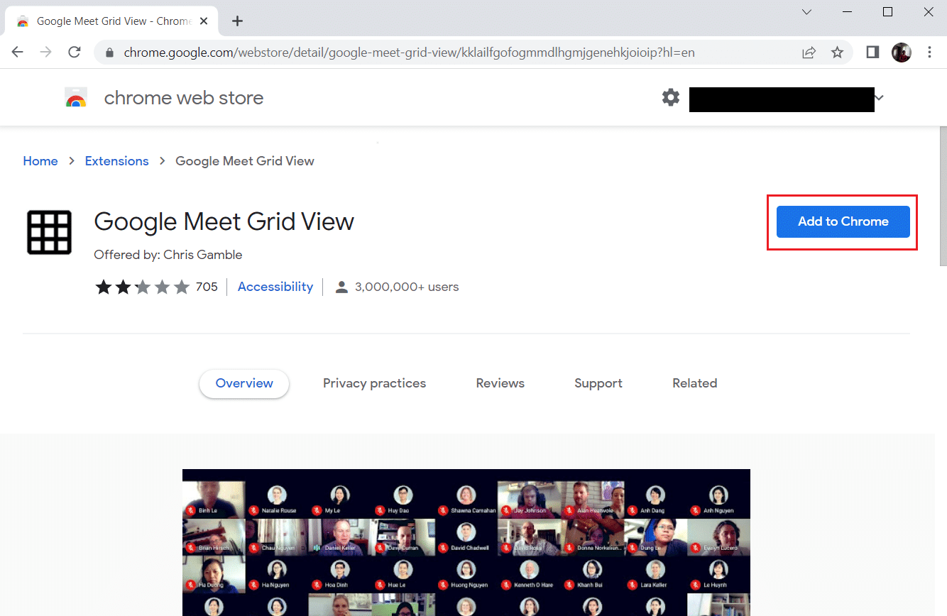 Clique em Adicionar ao Chrome e instale a extensão de visualização de grade do Google Meet