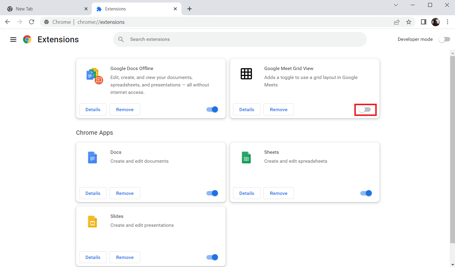 Deaktivieren Sie die Google Meet Grid View-Erweiterung. So beheben Sie die Grid View-Erweiterung von Google Meet