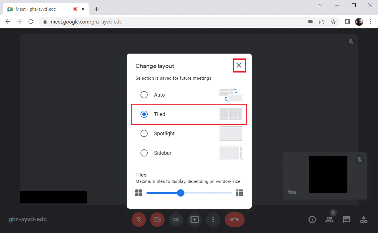 Sélectionnez l'option Mosaïque et fermez-la. Comment réparer l'extension d'affichage de la grille Google Meet