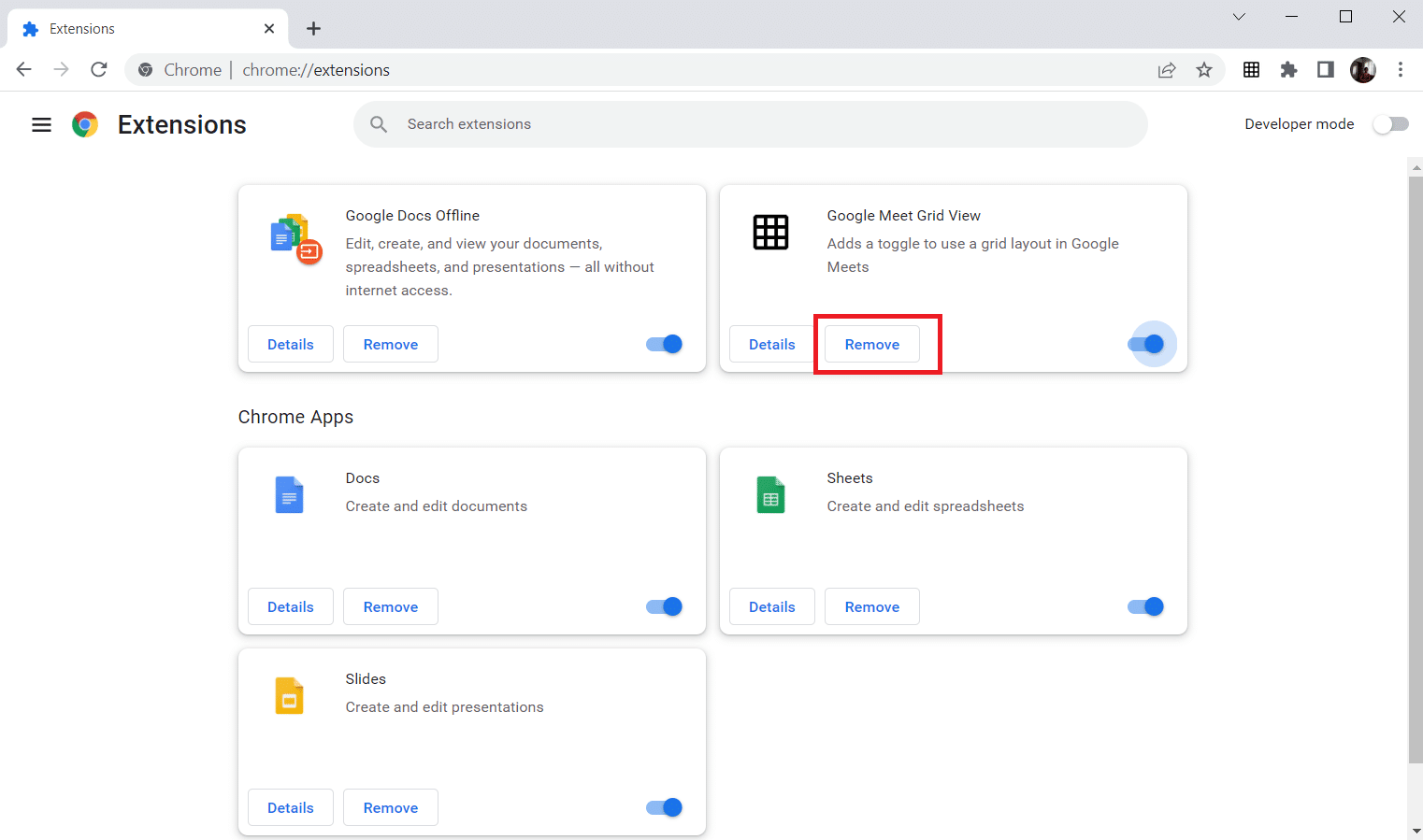 Cliquez sur l'option Supprimer de l'extension Google Meet Grid View pour la désinstaller.