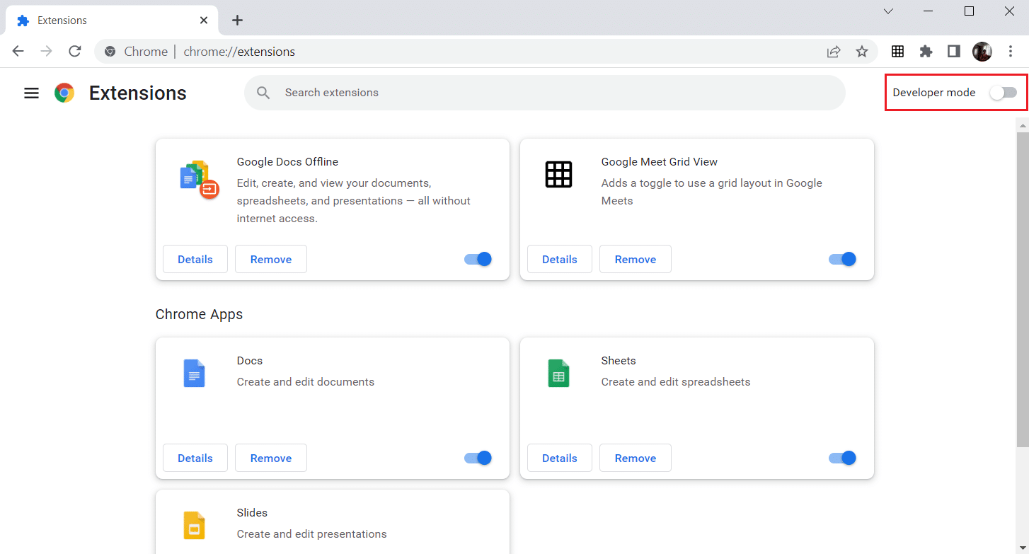 Ative o modo Desenvolvedor. Como corrigir a extensão de exibição de grade do Google Meet