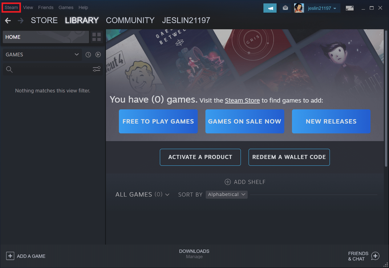 Cliquez sur Steam dans le coin supérieur gauche. Correction de la configuration de l'application Steam non disponible