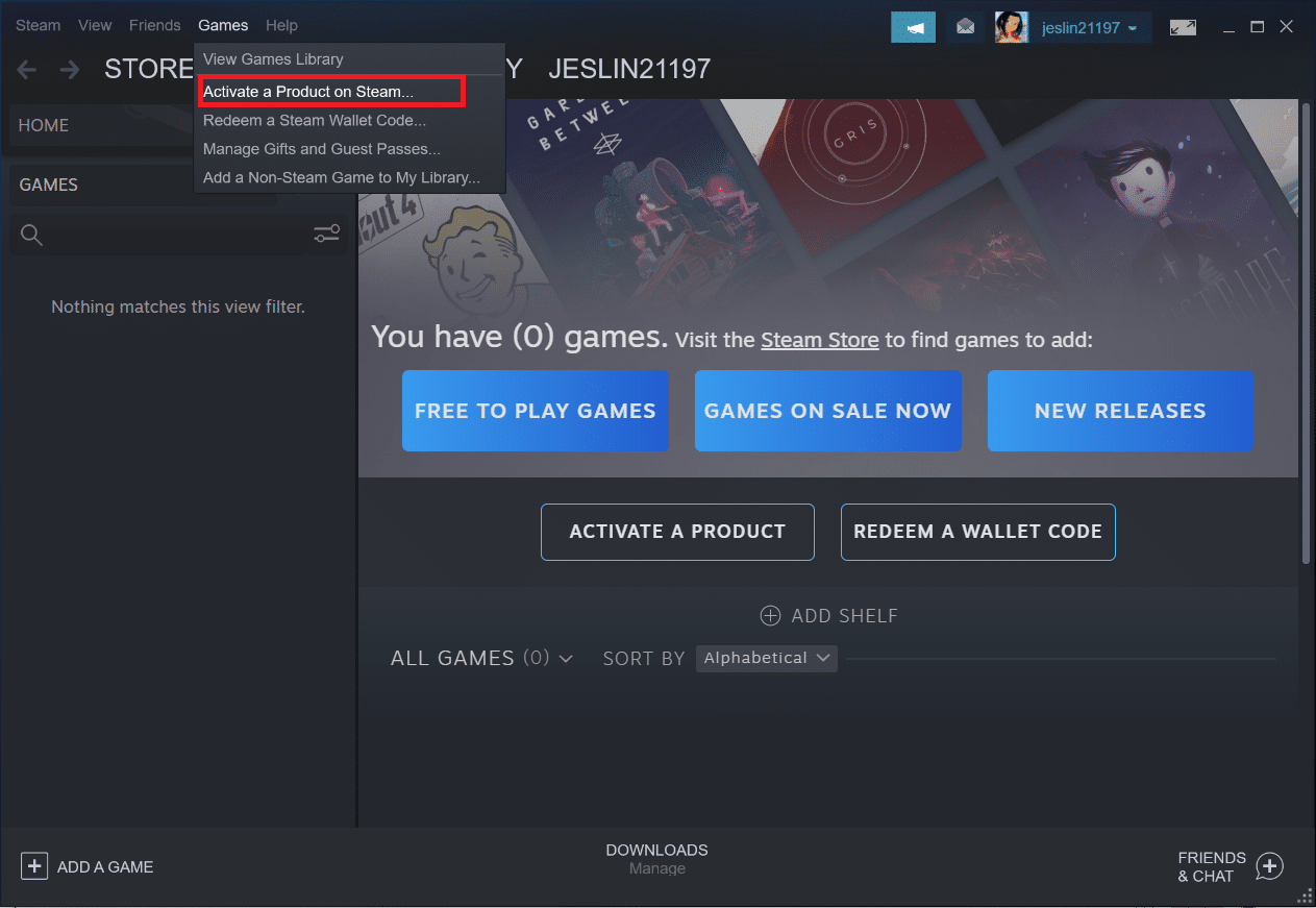 Pilih Aktifkan Produk di Steam… dari daftar