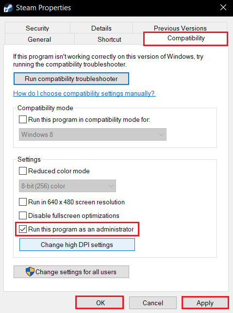 buka tab Kompatibilitas dan centang Jalankan program ini sebagai administrator di Steam Properties
