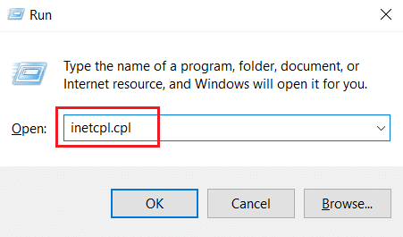 พิมพ์ inetcpl.cpl แล้วกด Enter แก้ไขข้อยกเว้นที่ไม่สามารถจัดการได้เกิดขึ้นในแอปพลิเคชันของคุณบน Windows 10