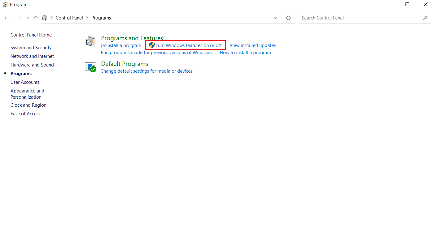 faceți clic pe Activați și dezactivați funcțiile Windows. Remediați excepția necontrolată a apărut în aplicația dvs. pe Windows 10