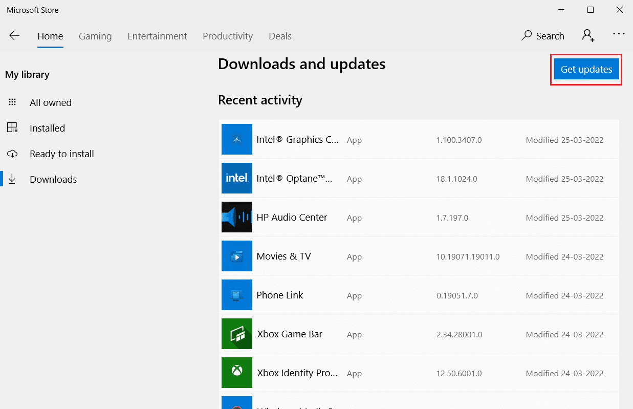 單擊獲取更新。修復 Windows 10 上的應用程序中發生未處理的異常