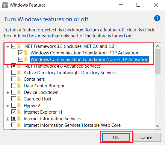 Assurez-vous que tous les .NET Framework 3.5 incluent .NET 2.0 et 3.0 sont activés