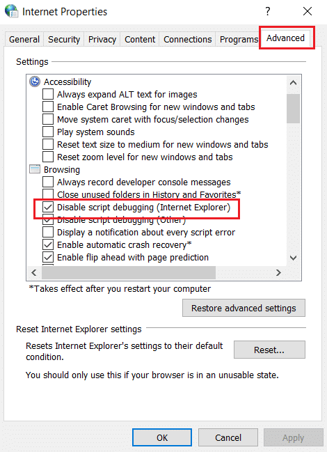 Abilitare l'opzione Disabilita il debug degli script di Internet Explorer