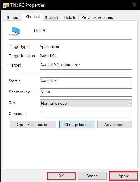 clique em Aplicar e depois em OK para alterar o ícone nas propriedades de atalho deste PC. Como obter este ícone do PC em sua área de trabalho