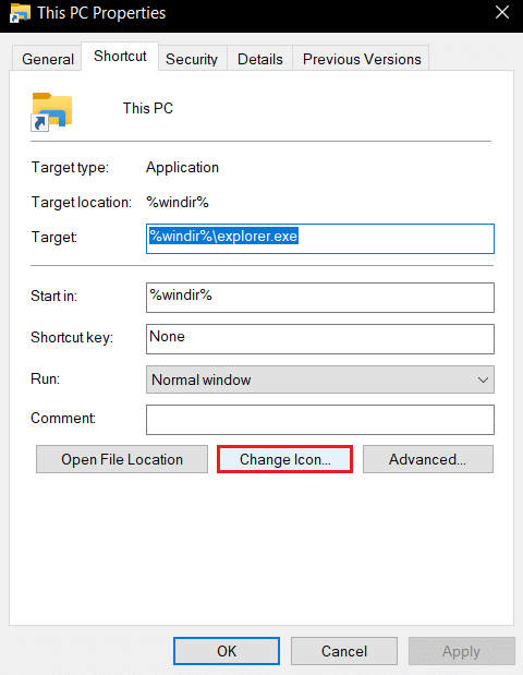 klik opsi Ubah ikon di properti pintasan PC ini