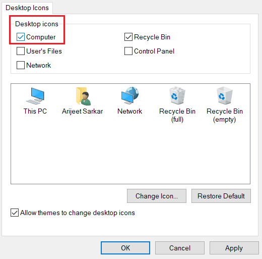 verifique la computadora en la configuración del icono del escritorio