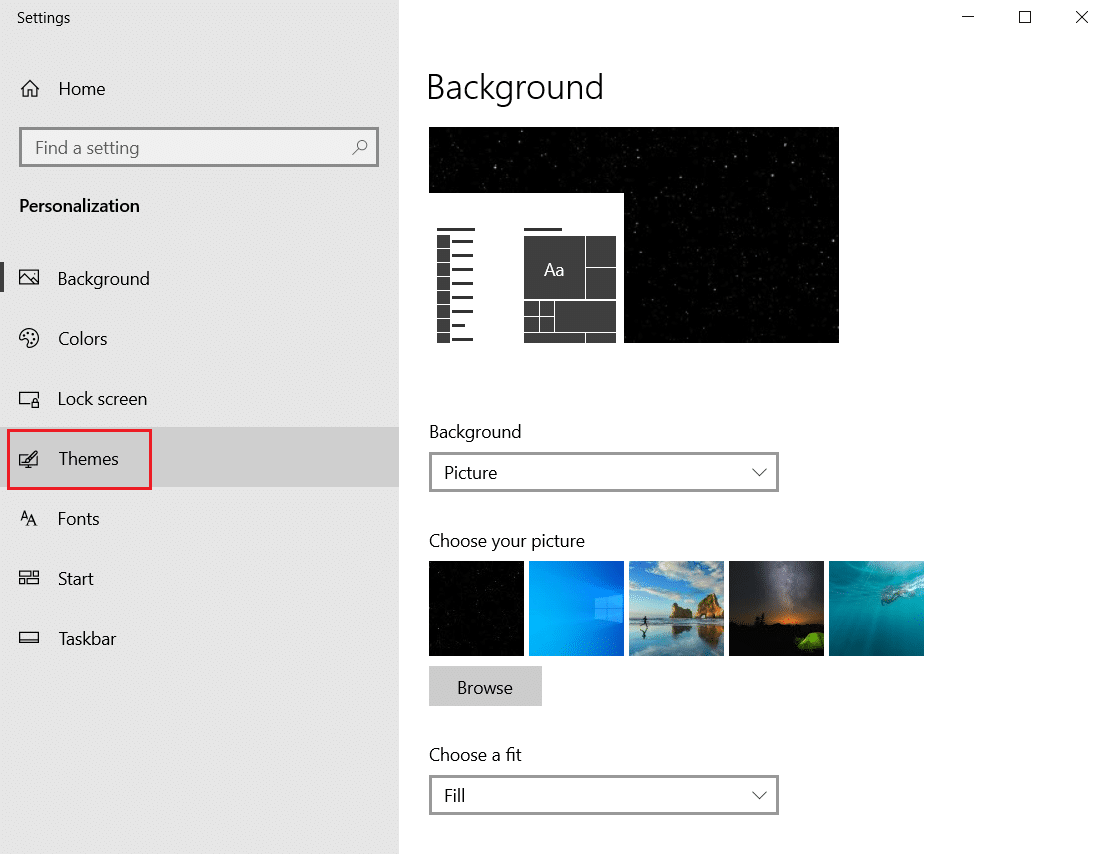 clique no menu Temas na configuração Personalização