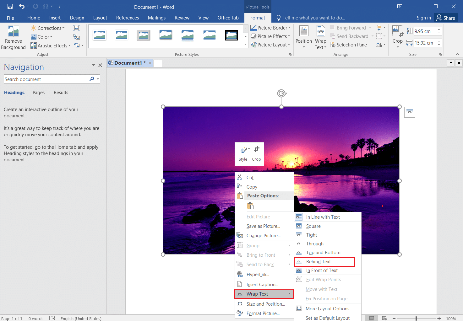 画像を右クリックして[折り返しテキスト]を選択し、MSWordの[テキストの後ろ]をクリックします