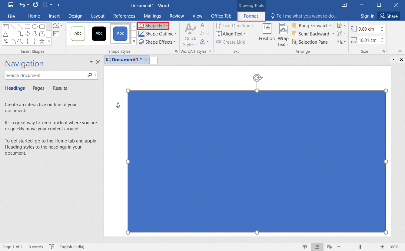 คลิกที่แท็บรูปแบบและคลิกที่ตัวเลือกเติมรูปร่างใน MS Word