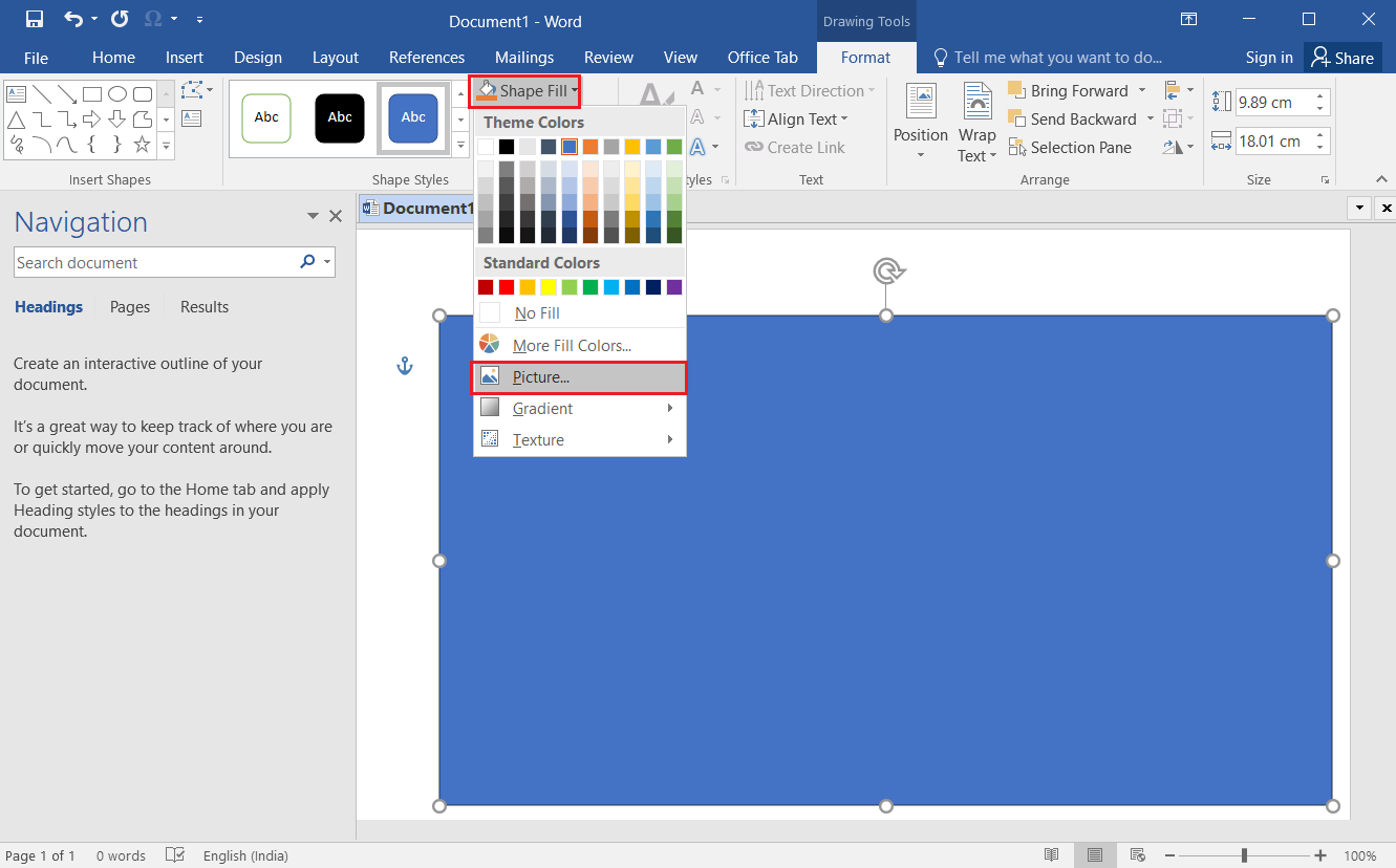 เลือกตัวเลือกรูปภาพในเมนูแบบเลื่อนลงเติมรูปร่างใน MS Word