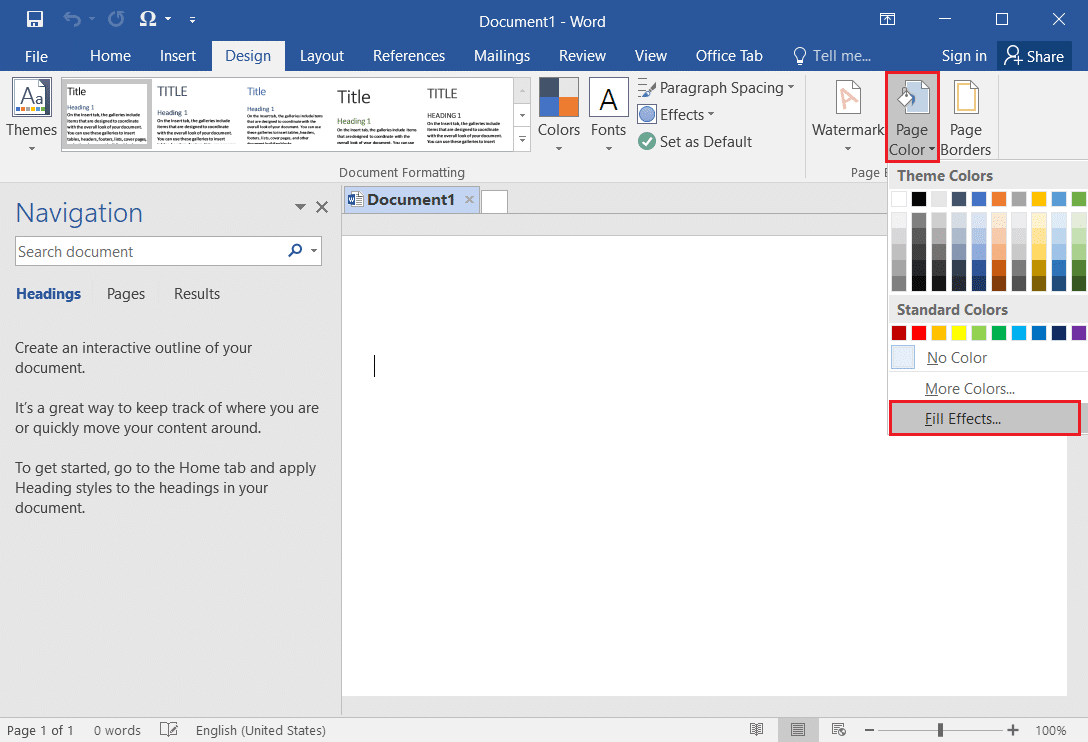 pilih opsi Isi efek di menu tarik-turun Warna Halaman di MS Word