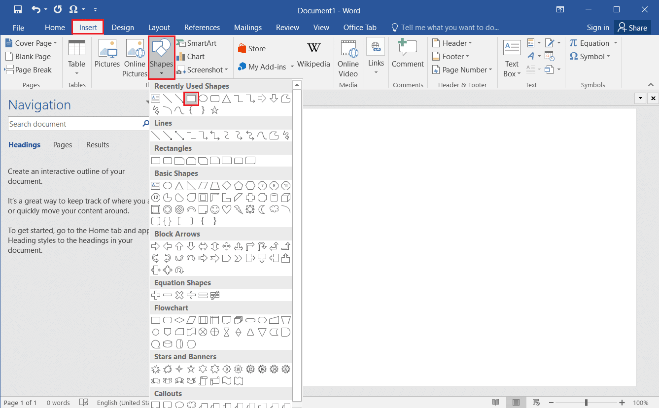 คลิกที่แท็บแทรกและเลือกตัวเลือกรูปร่างใน MS Word