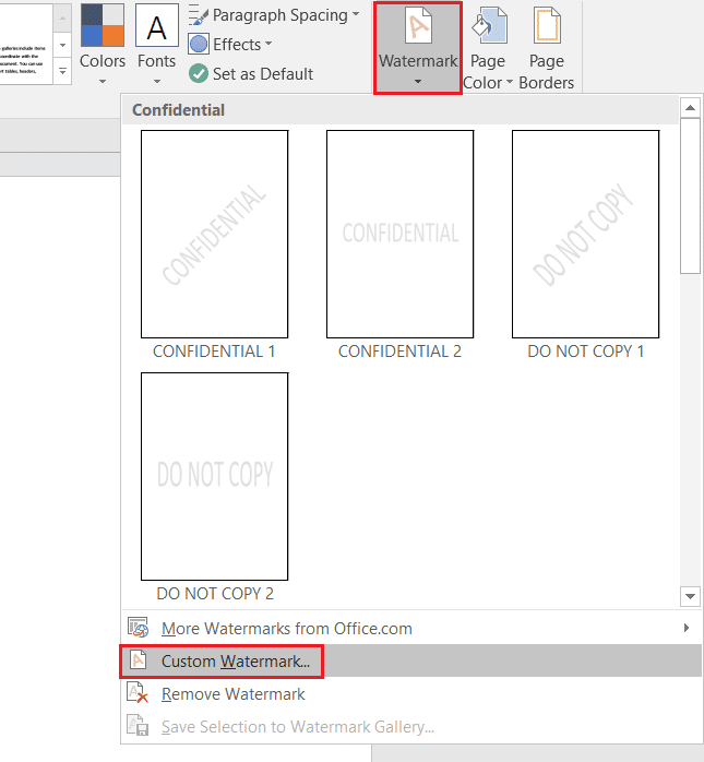 selecione Marca d'água personalizada no menu suspenso Marca d'água do MS Word