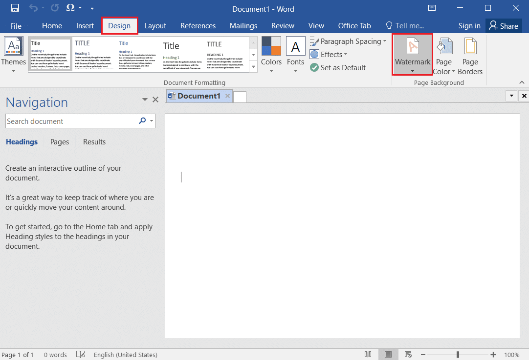 pilih opsi Tanda Air di tab Desain di MS Word