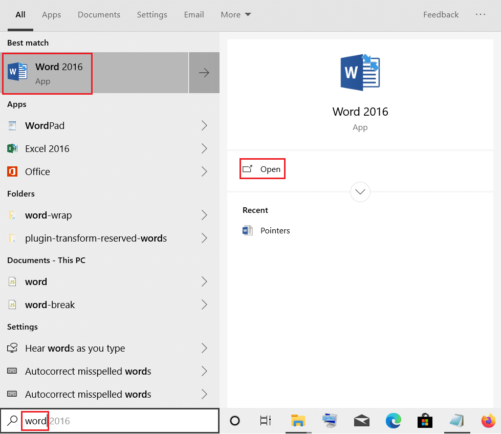 เปิด Microsoft word จากแถบค้นหาของ windows