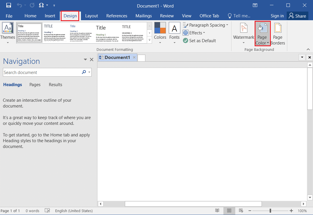 tasarım sekmesine gidin ve MS Word'de Sayfa Rengi seçeneğini seçin