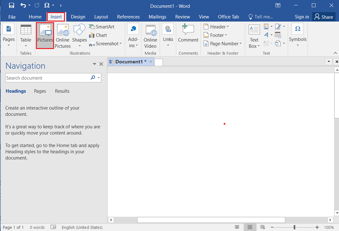 clique na guia inserir e selecione a opção Imagens no MS Word