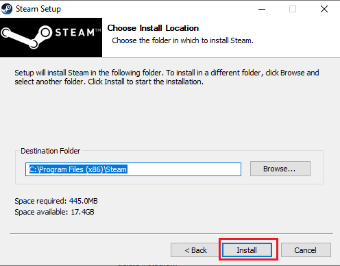 Sélectionnez l'emplacement d'installation et cliquez sur Installer. Correction d'une erreur de service Steam