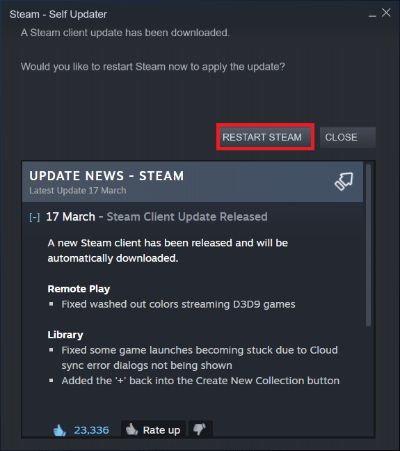 Klik Restart Steam di popup. Perbaiki kesalahan layanan Steam