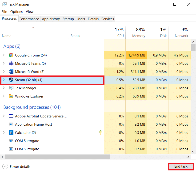 Seleccione la entrada de Steam y haga clic en Finalizar tarea. Solucionar error de servicio de Steam