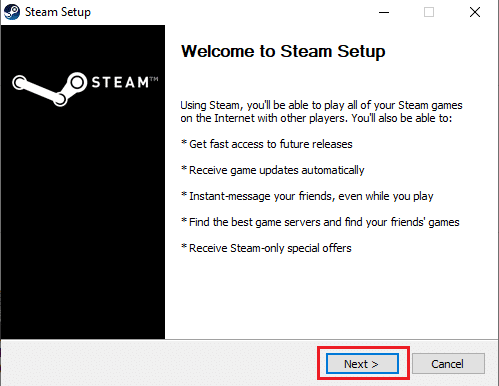 คลิกถัดไปตามที่ไฮไลต์เพื่อเริ่มการตั้งค่า Steam แก้ไขข้อผิดพลาดบริการ Steam