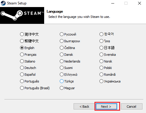 เลือกภาษาสำหรับ Steam แล้วคลิก Next