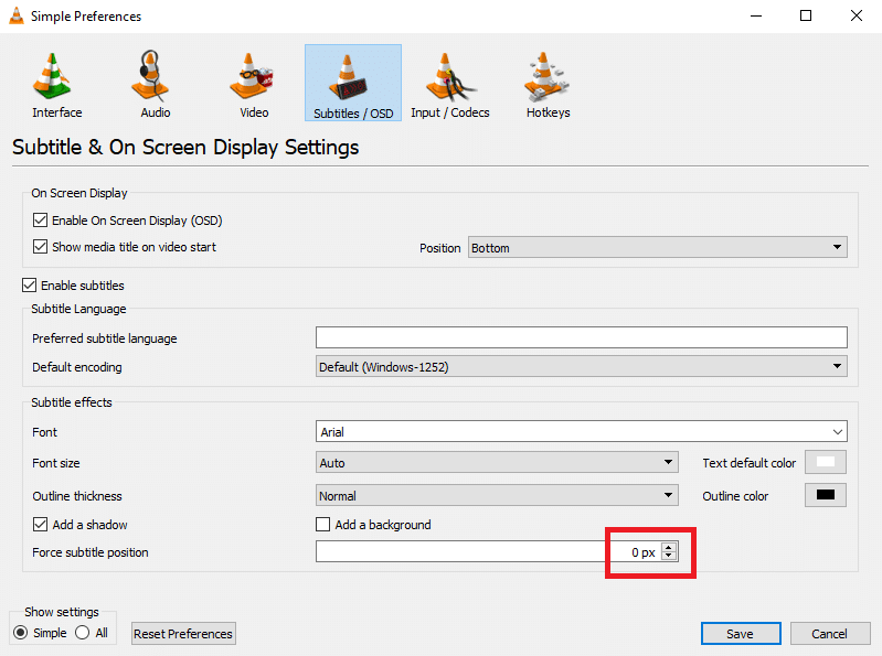 Définissez Forcer la position des sous-titres sur 0px