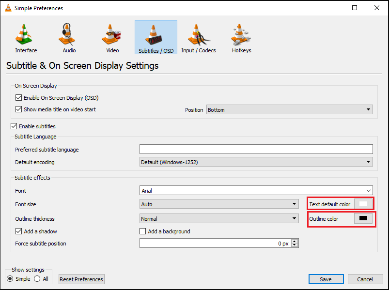 將文本默認顏色設置為白色，將輪廓顏色設置為黑色。如何修復 VLC 字幕在 Windows 10 中不起作用