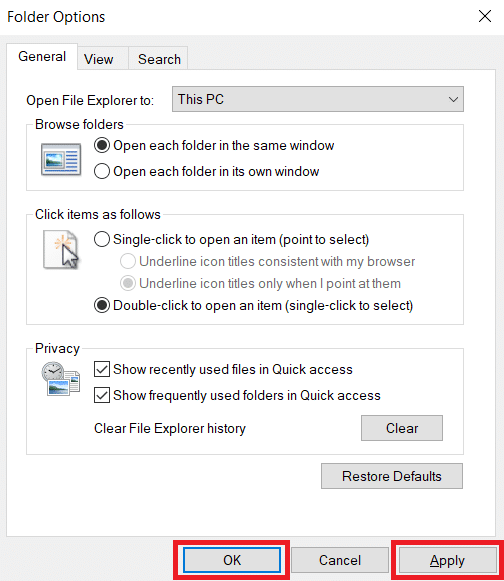 ใช้และปุ่มตกลง แก้ไข Windows 10 File Explorer ที่ทำงานอยู่ Error