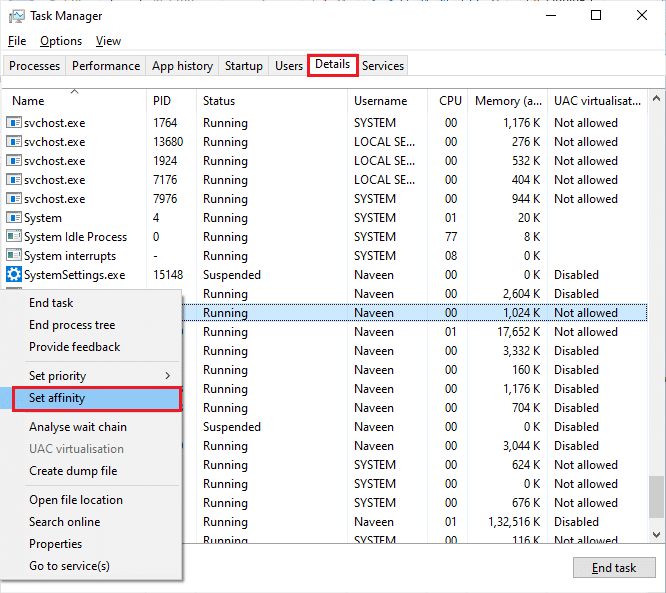 จากนั้นสลับไปที่หน้าต่าง Task Manager และคลิกขวาที่ TslGame.exe จากนั้นเลือกตัวเลือก Set Affinity แก้ไข PUBG ไม่ทำงานบน Windows 10