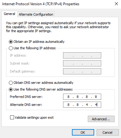 Seleccione el icono Usar las siguientes direcciones de servidor DNS. Arreglar PUBG que no se inicia en Steam