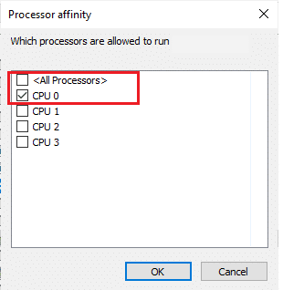 그런 다음 모든 프로세서 상자의 선택을 취소한 다음 그림과 같이 CPU 0 상자를 선택합니다. 그런 다음 확인을 클릭하십시오.