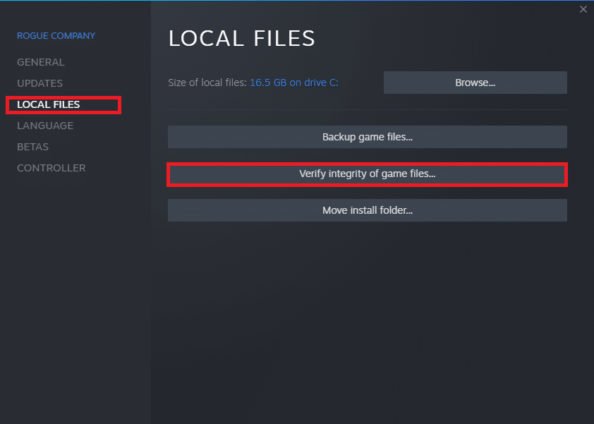 Agora, mude para a guia LOCAL FILES e clique em Verificar integridade dos arquivos do jogo…