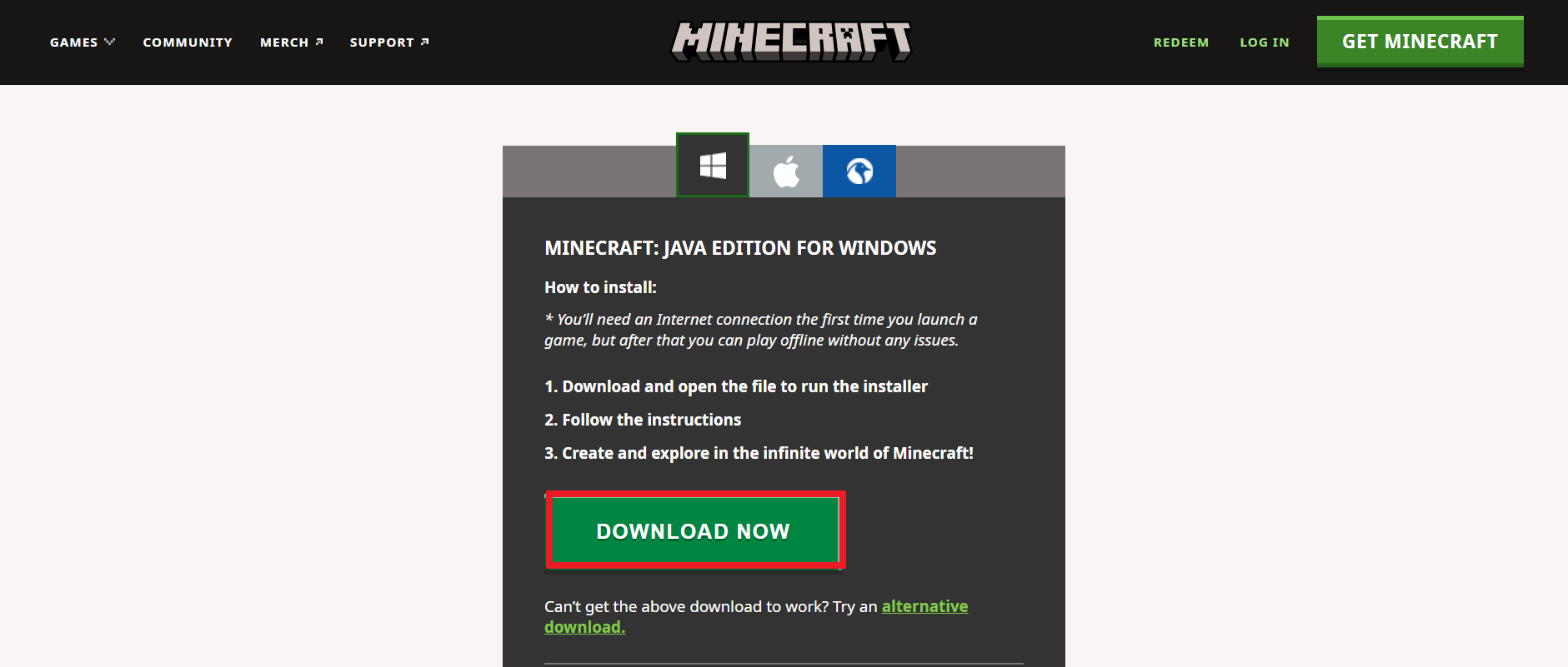 Role para baixo e clique na opção Download Now em MINECRAFT JAVA EDITION FOR WINDOWS, conforme mostrado abaixo