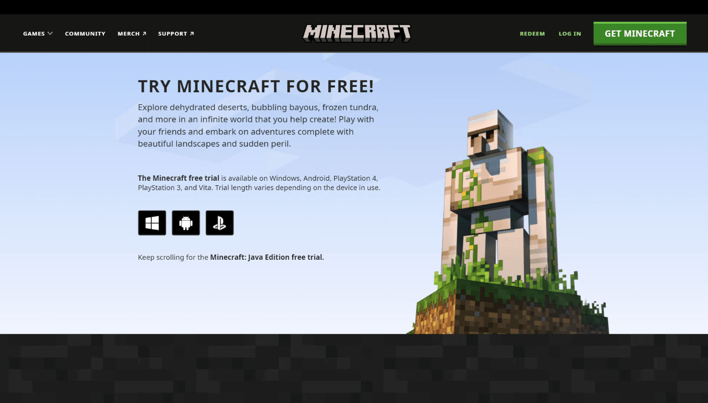 Java sürümünü ücretsiz deneme sürümüyle indirmek için Minecraft Resmi Web Sitesini ziyaret edin. Ücretsiz Windows 10 Minecraft Sürümü Nasıl Edinilir