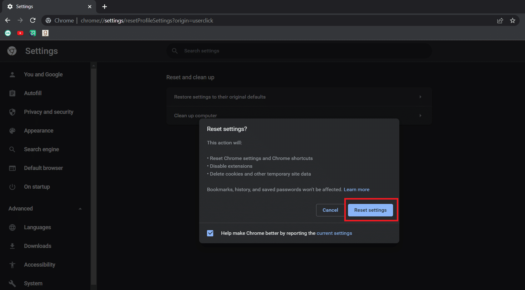 Butonul Reset Settings. Unde este butonul de meniu Chrome