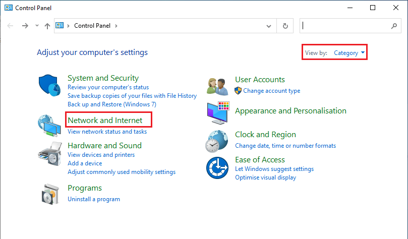 Ahora, configure Ver por configuración en Categoría y haga clic en Red e Internet