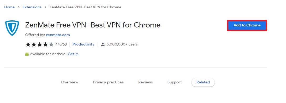 Vaya a la página de descarga de ZenMate Free VPN y haga clic en el botón Agregar a Chrome. cómo acceder a sitios bloqueados en Chrome