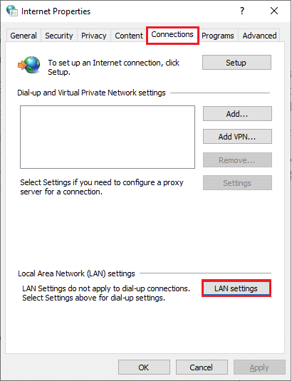 Ahora, en la ventana Propiedades de Internet, cambie a la pestaña Conexiones y seleccione Configuración de LAN